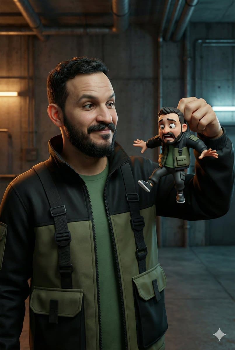 Ultra-Realistic Man Holding Cartoon Miniature of Self — example 1