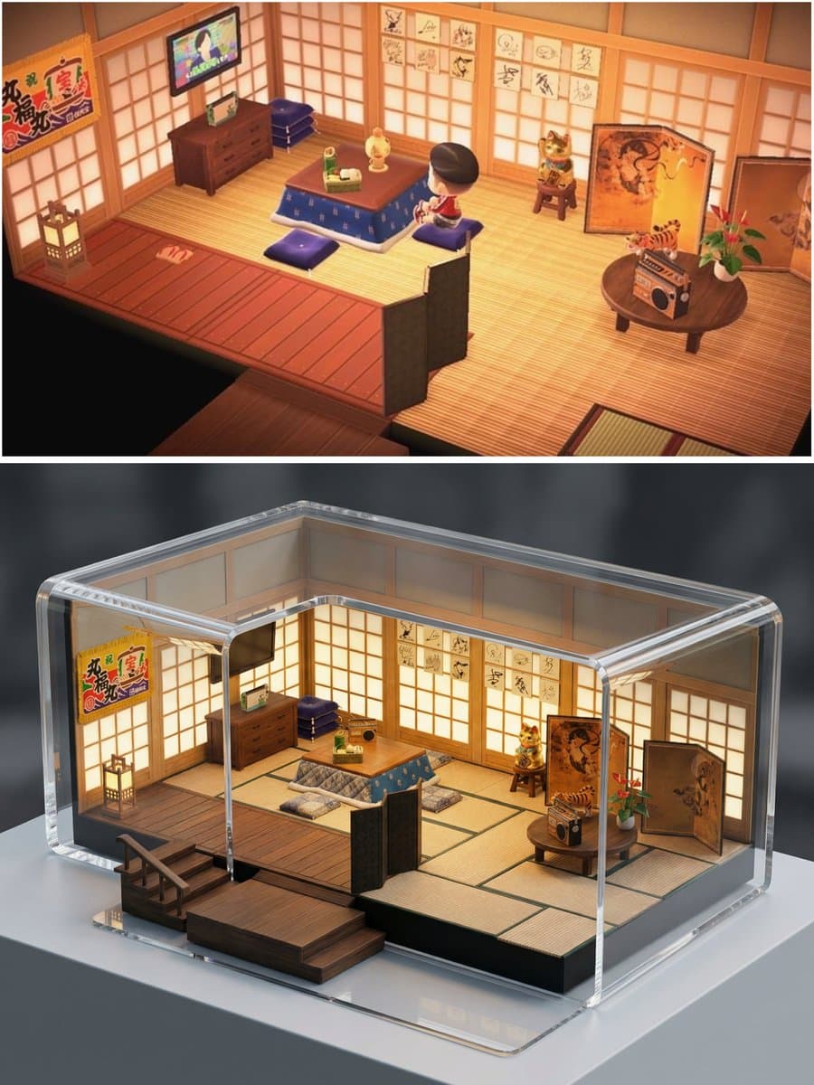 Realistic Interior to Transparent Miniature Diorama Prompt — example 3