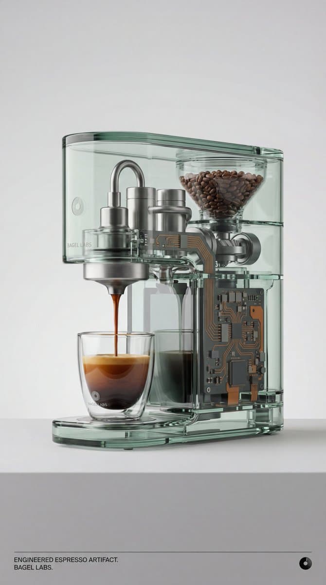 Recontextualized Glass Espresso Machine Product Shot — example 1
