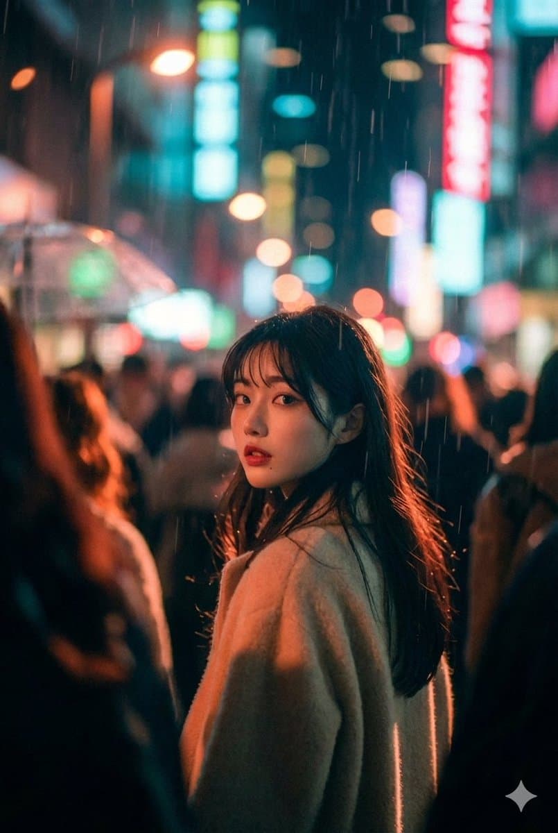 Cinematic Street Photo in Neon Rain — example 1