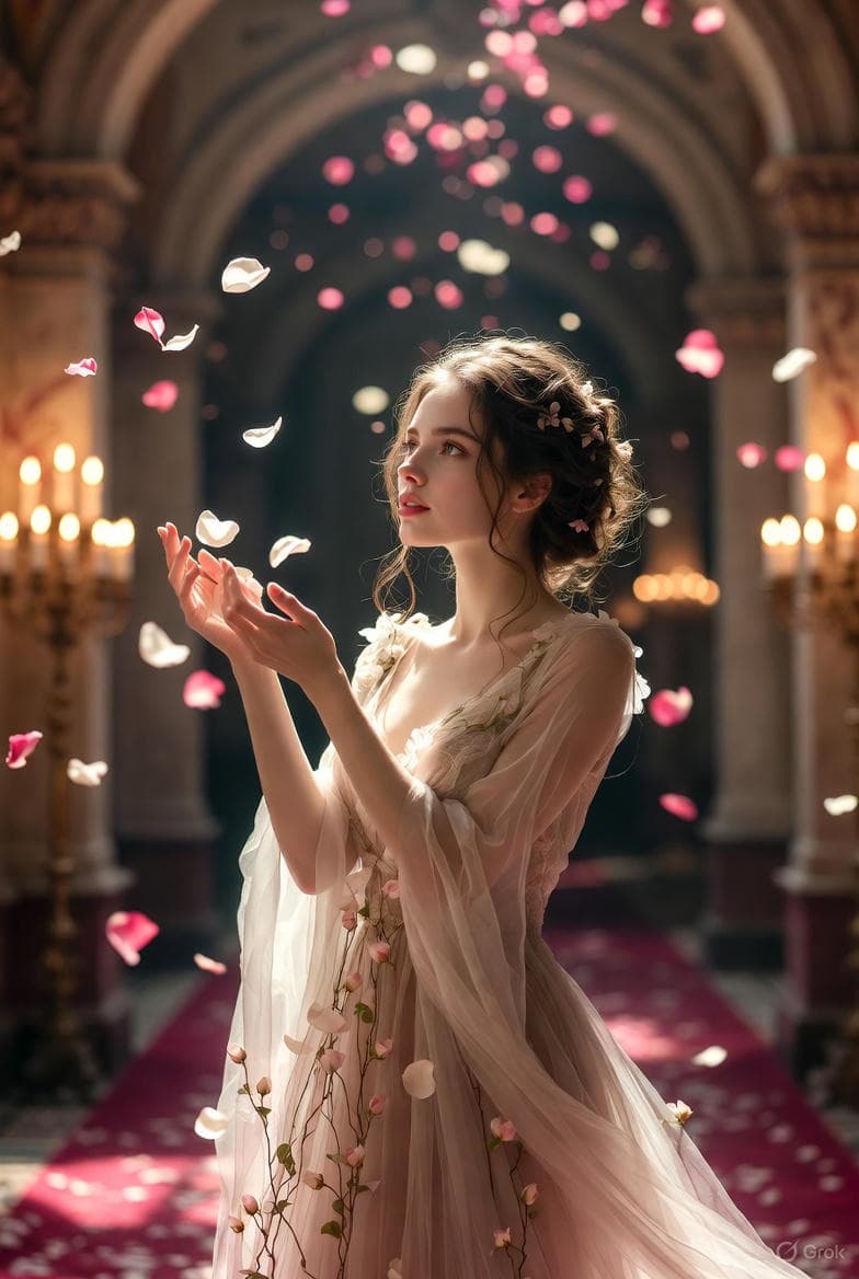 High-Fashion Fantasy Editorial with Floating Petals — example 1