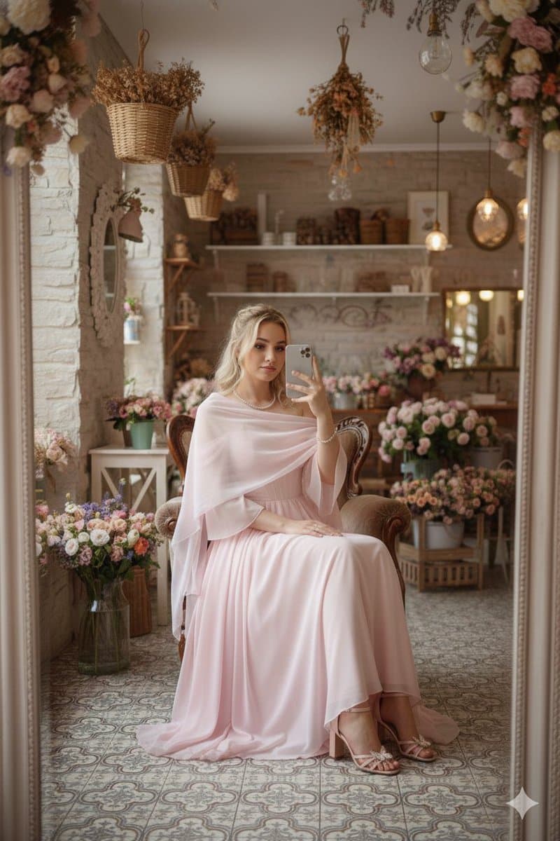 Fairy-Core Gown Mirror Selfie in a Floral Cafe — example 2