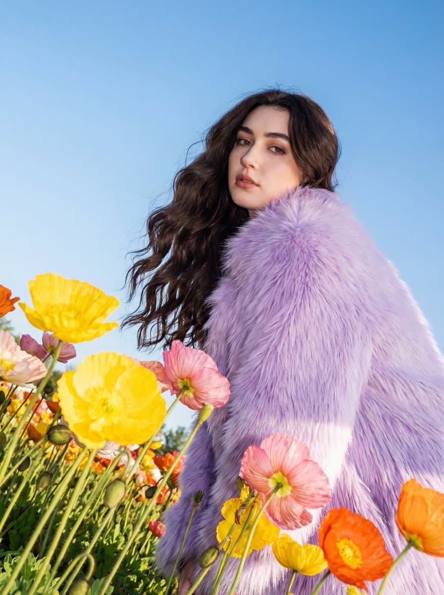 Harsh Flash Fashion Portrait in Flower Field Prompt — example 1