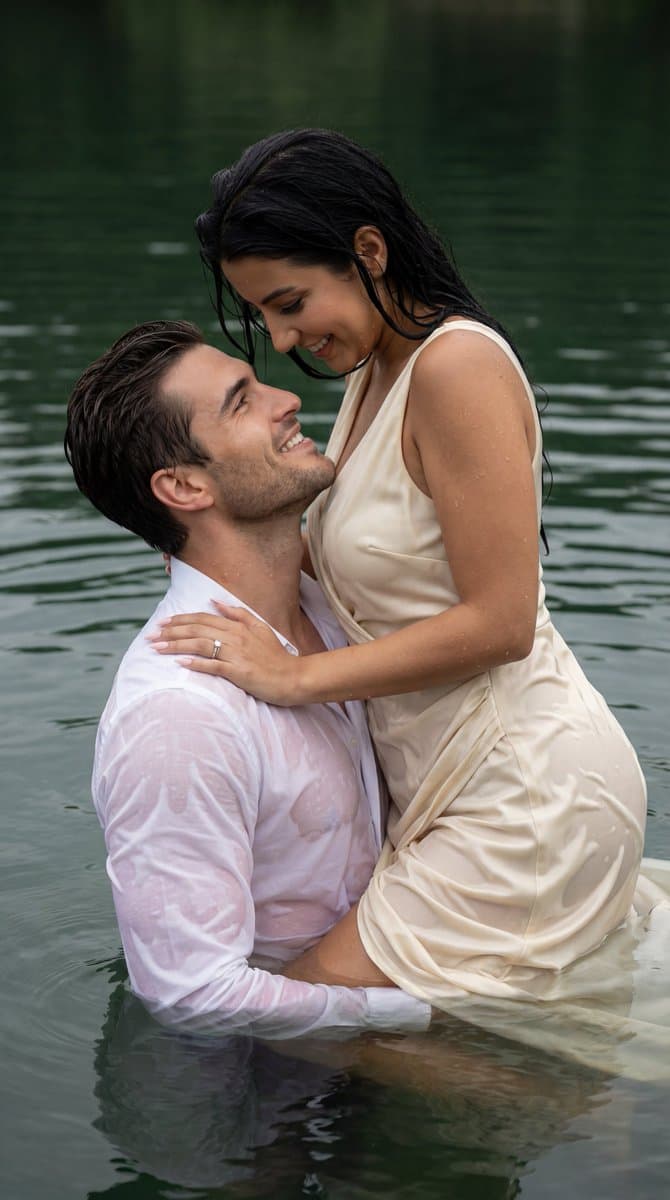Cinematic Couple Embrace in Lake Prompt (Wet Fabric Physics) — example 1