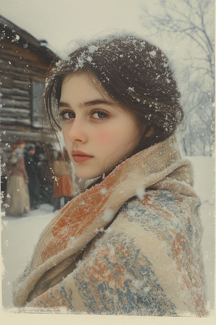 Cinematic Winter Portrait with Snowflakes — example 1