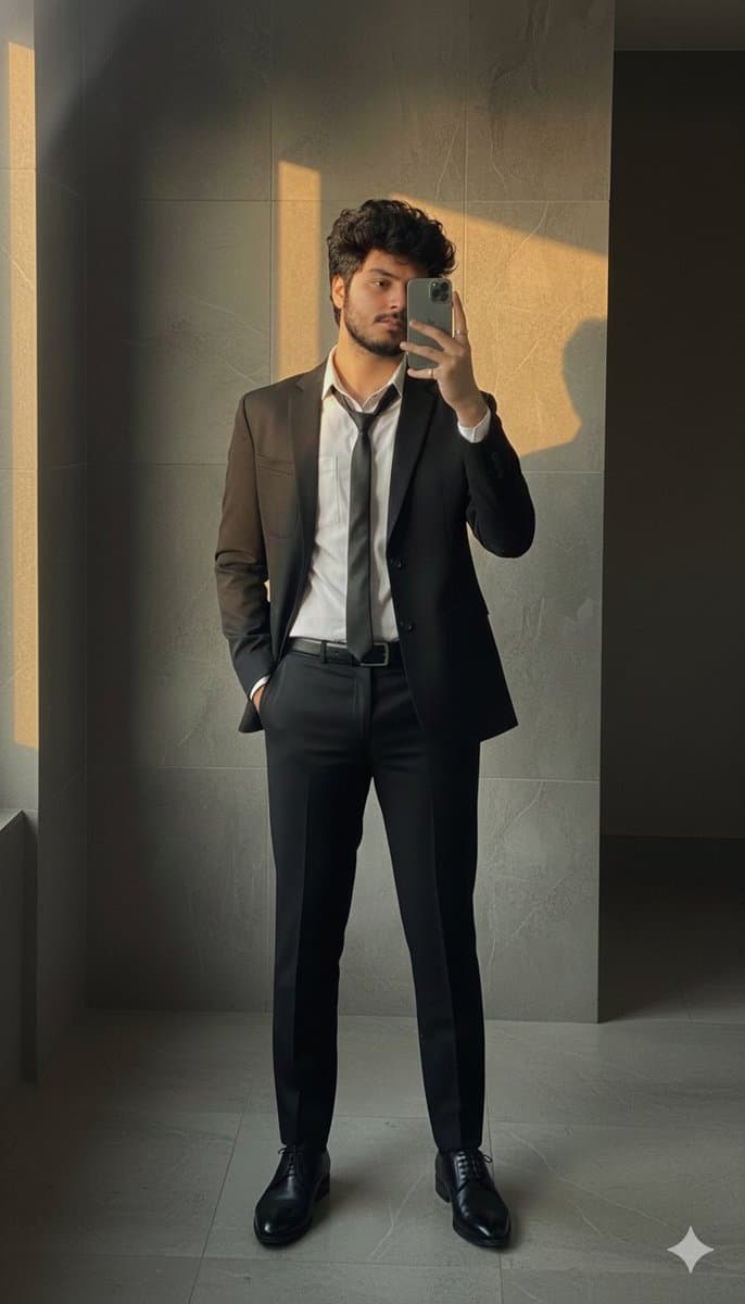Formal Suit Mirror Selfie with Face Reference Prompt — example 1
