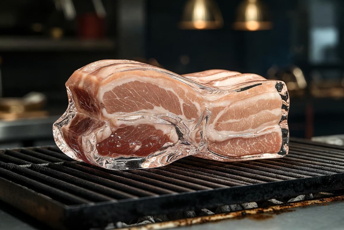 Hyperrealistic glass pork belly on a grill — example 1