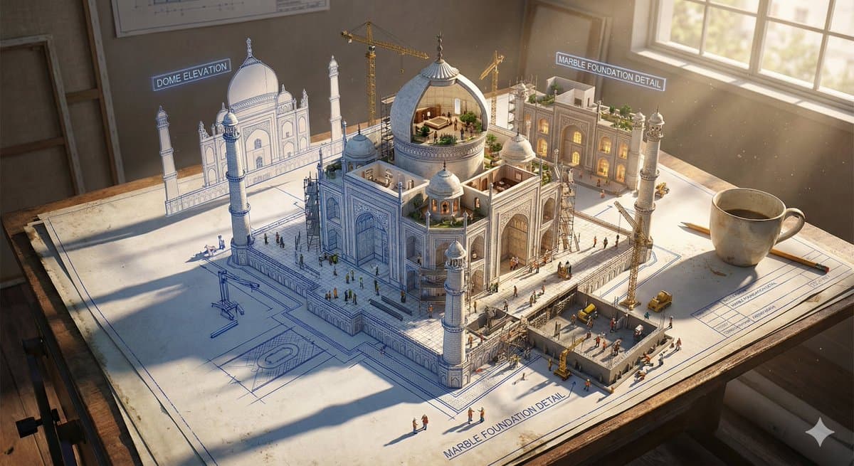 Epic 3D Architectural Blueprint Construction Scene — example 1