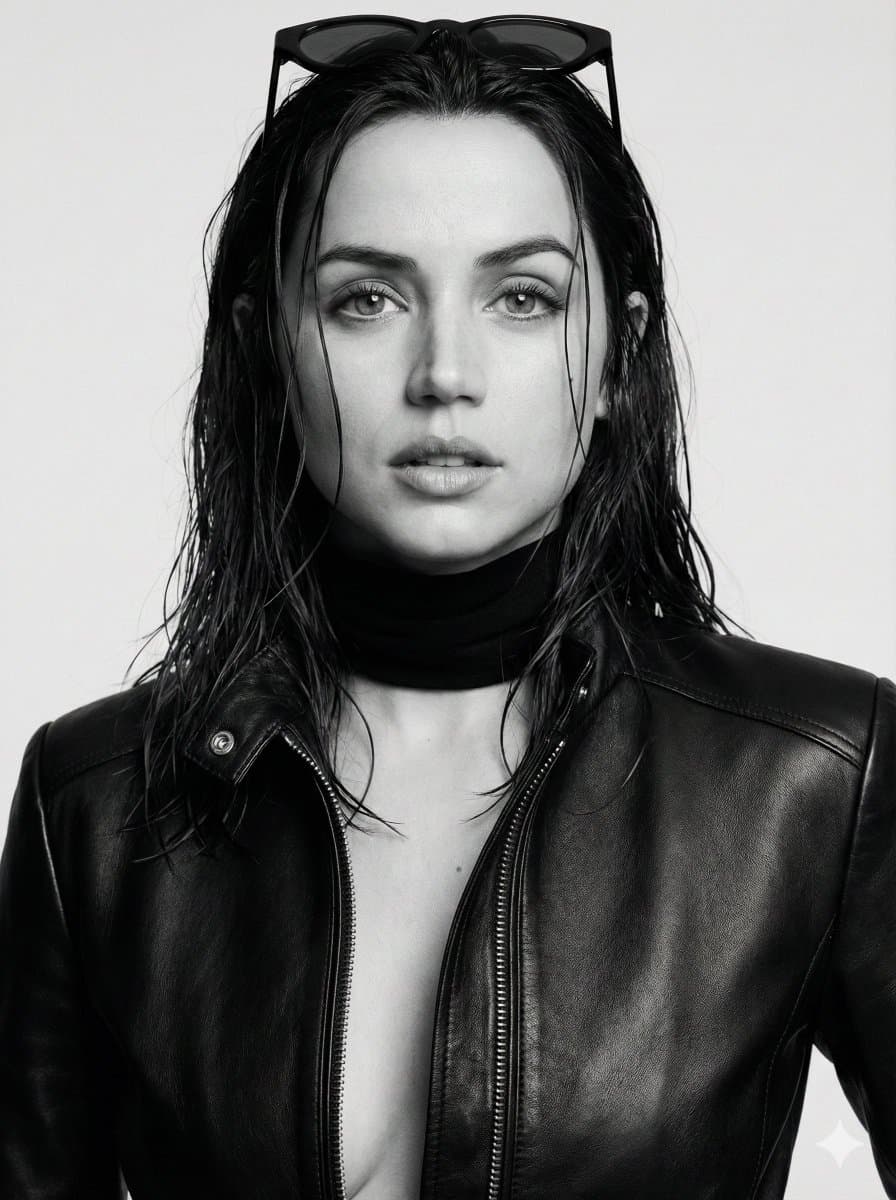 Monochrome Cinematic Fashion Portrait (Billie Eilish Likeness) — example 1