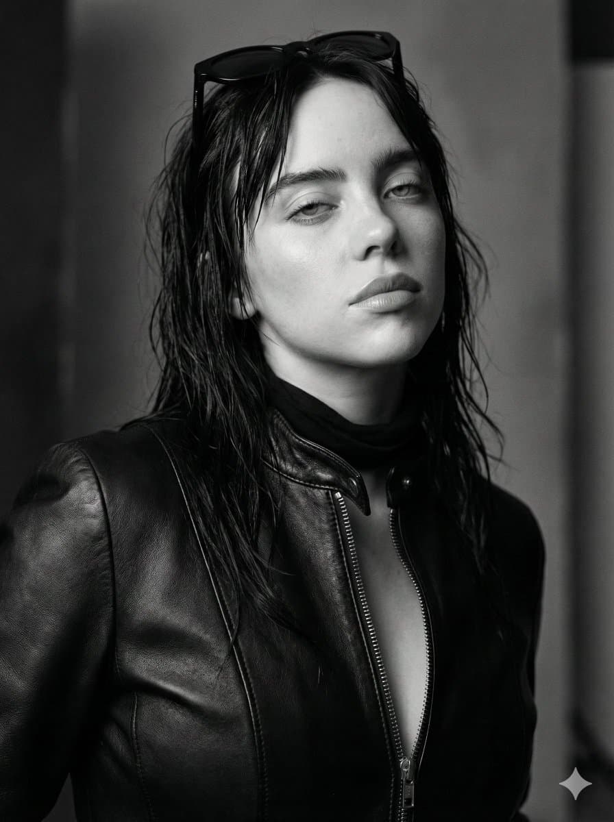 Monochrome Cinematic Fashion Portrait (Billie Eilish Likeness) — example 3