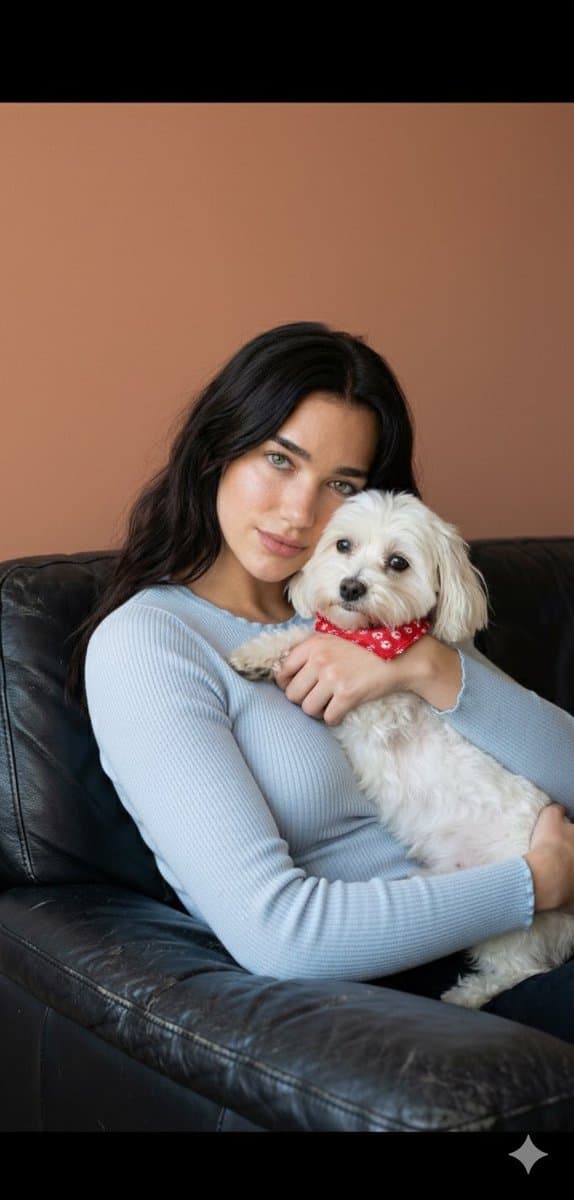 Dua Lipa Cozy Portrait with Maltese Dog Prompt — example 1