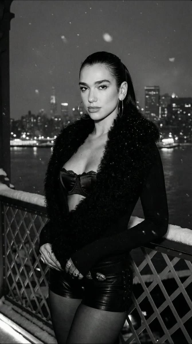 Dua Lipa Black and White Cinematic Editorial Prompt — example 1