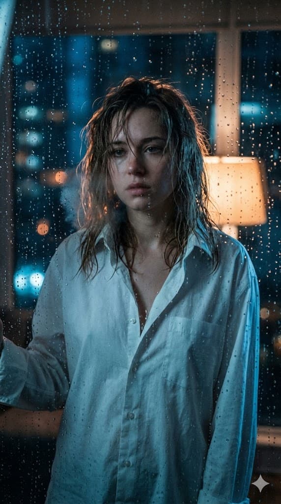Cinematic Voyeuristic Portrait through Rain-Streaked Window — example 1