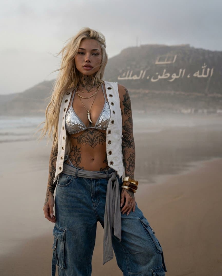 Tattooed Woman on Misty Beach Fashion Editorial — example 1