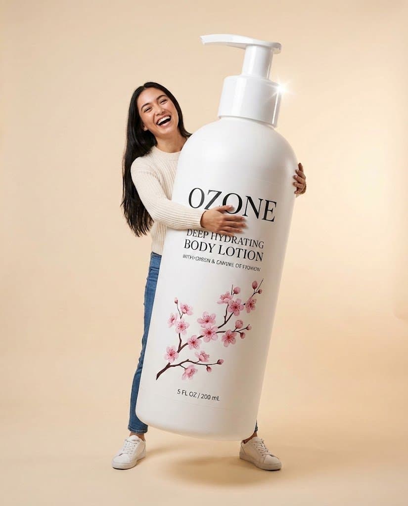 Studio Commercial Shot of Woman Hugging Giant Lotion Bottle — example 1