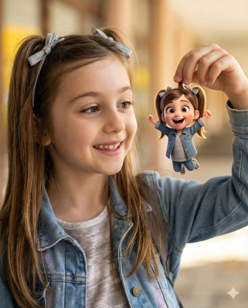 Whimsical Portrait Blending Realism with Tiny Pixar Character — example 1