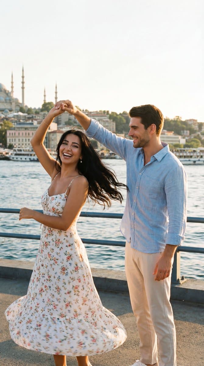 Cinematic Romance: Couple Dancing at Istanbul Sunset — example 1
