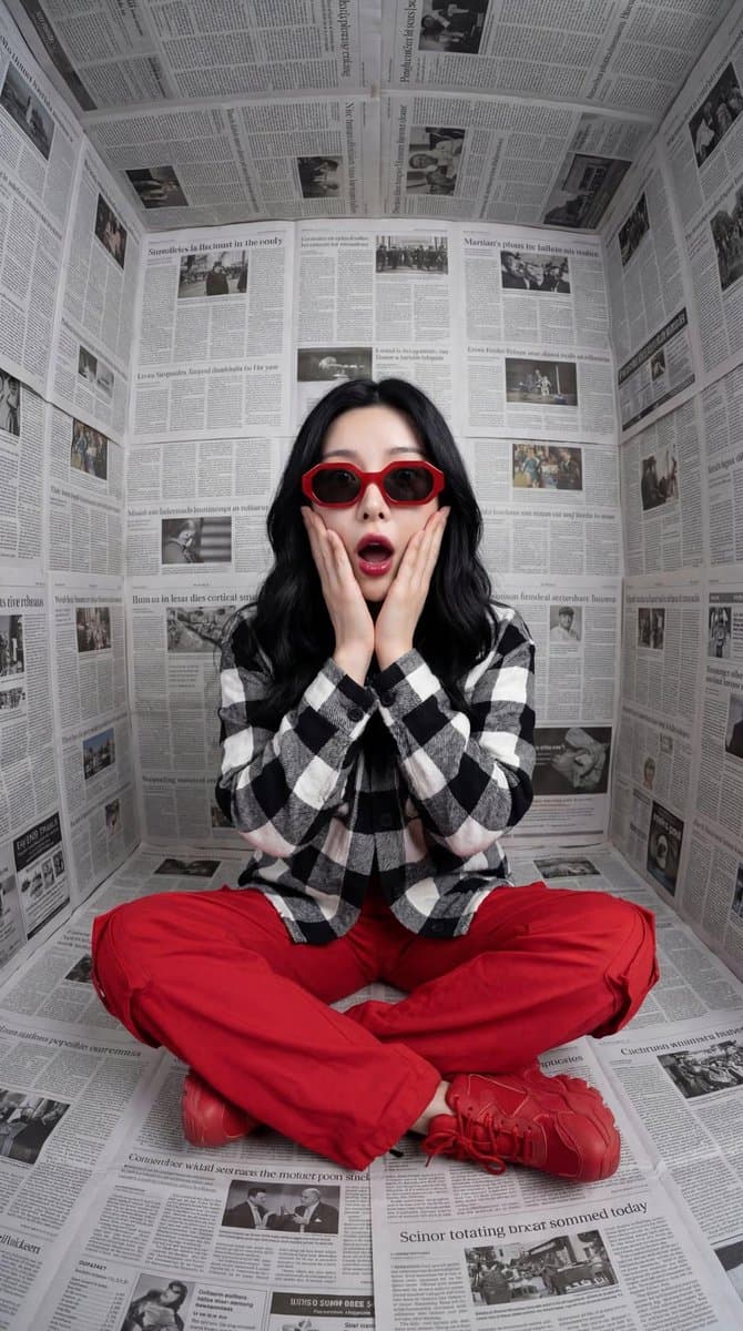 Surreal Editorial Fashion Portrait with Newspaper Background — example 1