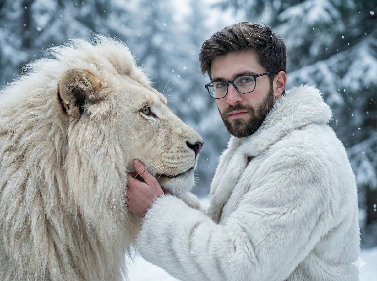 Cinematic Portrait of Man and White Lion in Snowy Forest — example 1
