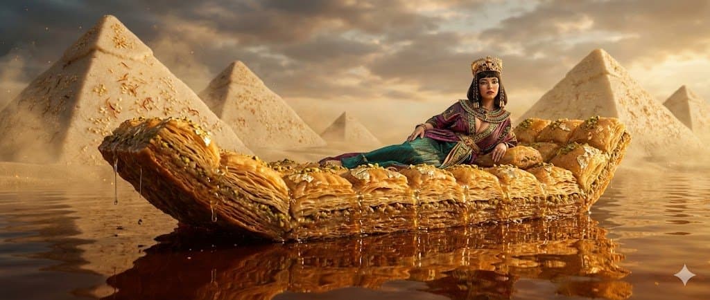 Sydney Sweeney as Cleopatra on a Baklava Barge Food Art Fantasy — example 1