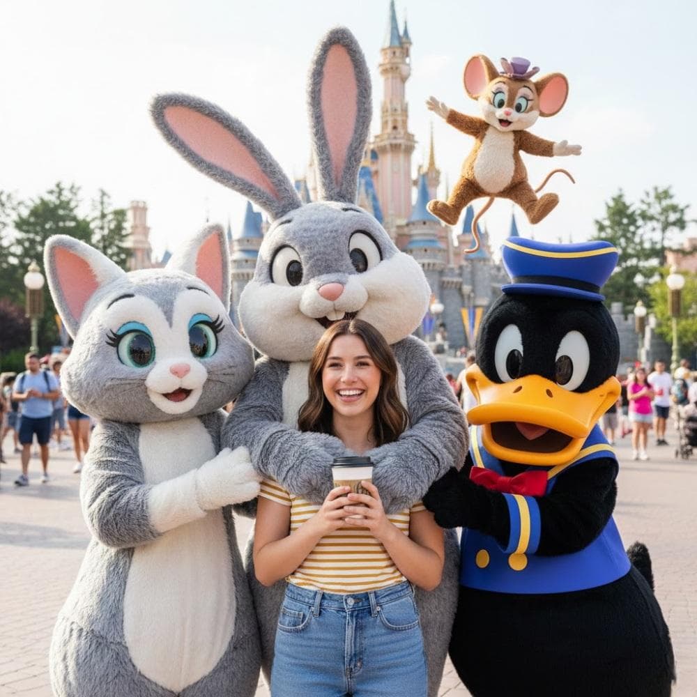 Magical Theme Park Portrait with Mascot Characters — example 1