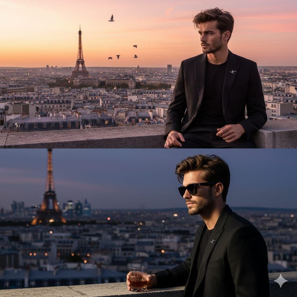 Cinematic Fashion Portrait on a Paris Rooftop — example 1