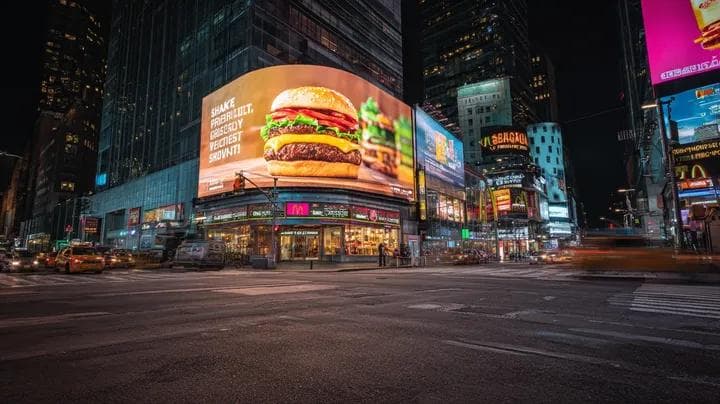 Cyber-Urban Night Cityscape with Hyper-Realistic Billboard Ad — example 1
