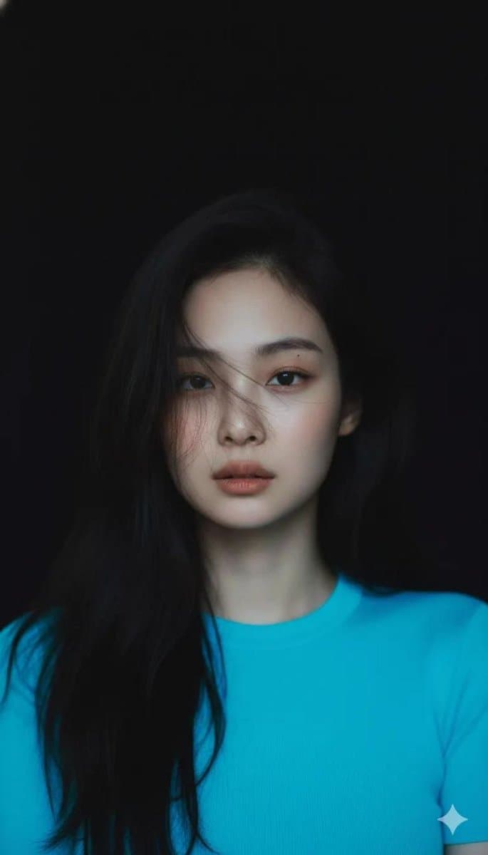 Moody Cinematic Portrait with Neon Blue Top Prompt — example 1