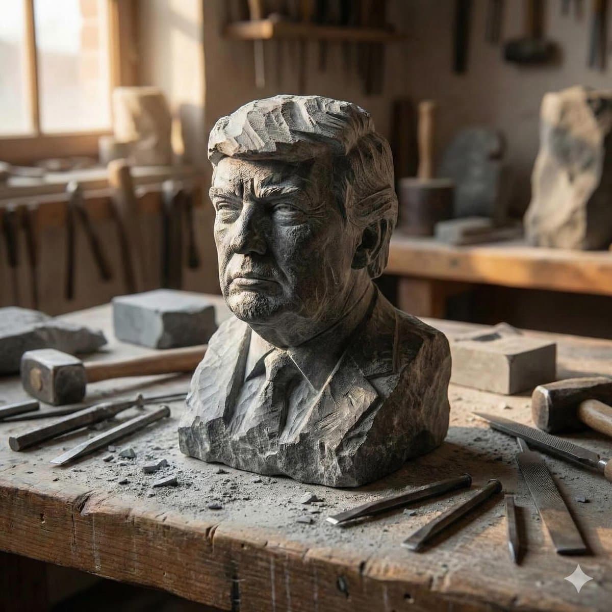 Stone-carved statue on a sculptor's workbench prompt — example 1