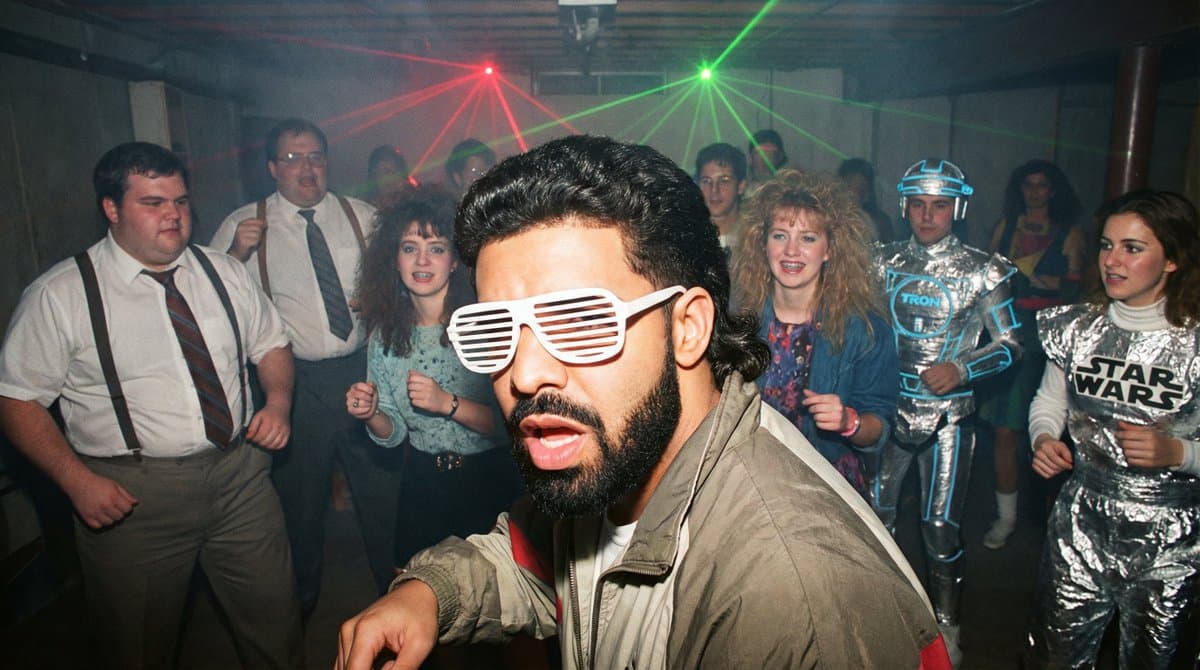 1980s underground nerd techno party flash photo prompt — example 2