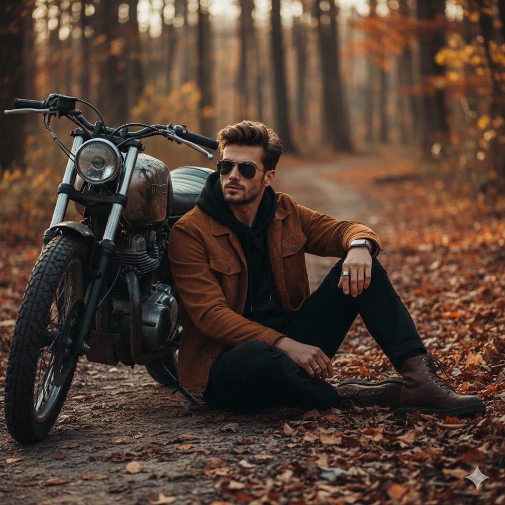 Cinematic Autumn Portrait of Man with Vintage Motorcycle — example 1