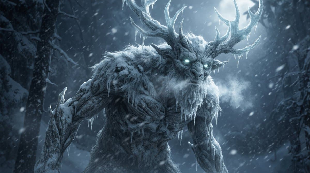Dark Fantasy Winter Creature Emerging from a Blizzard — example 1
