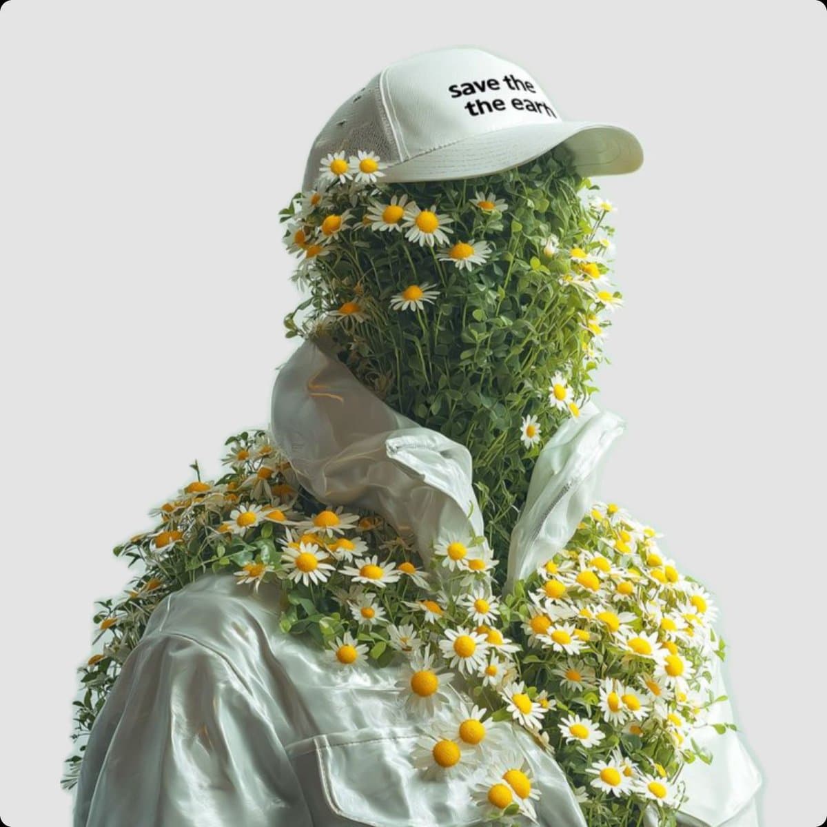 Surreal Portrait of Humanoid Covered in Grass and Daisies — example 1