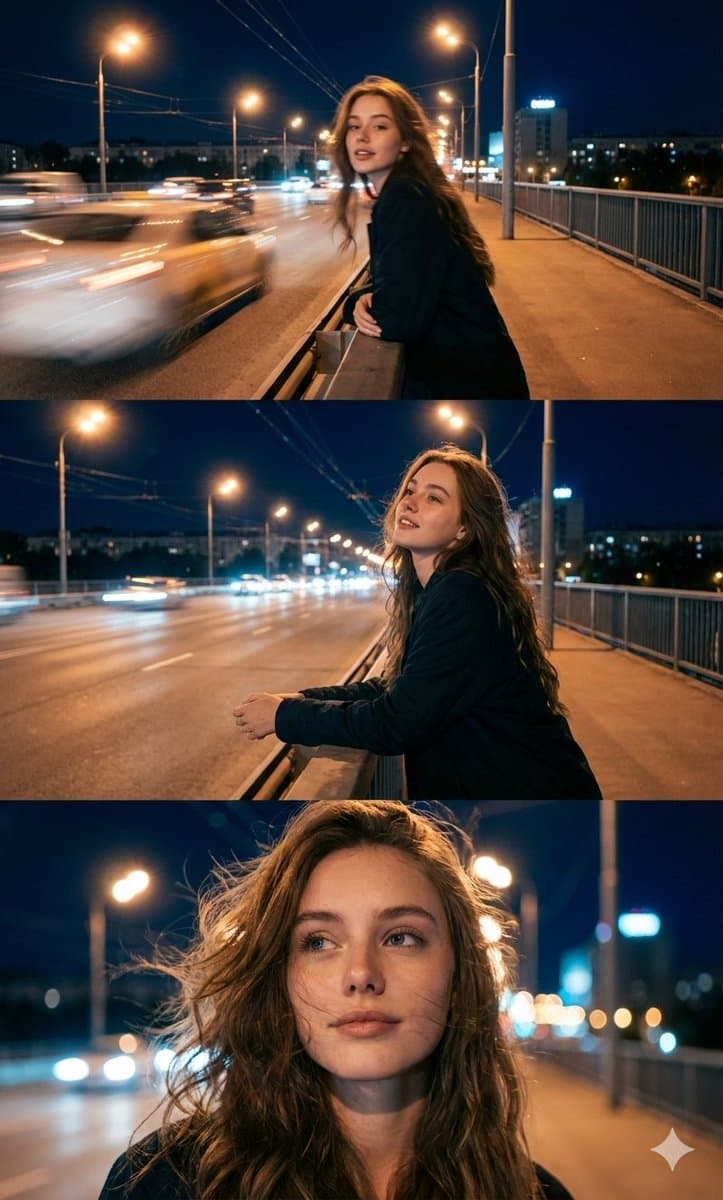 Cinematic Night City Triptych Portrait — example 1