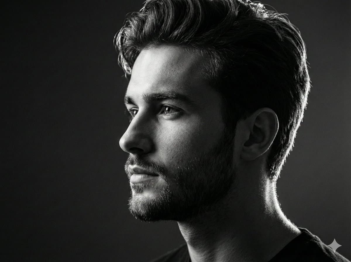 Black and white studio side-profile portrait prompt — example 1