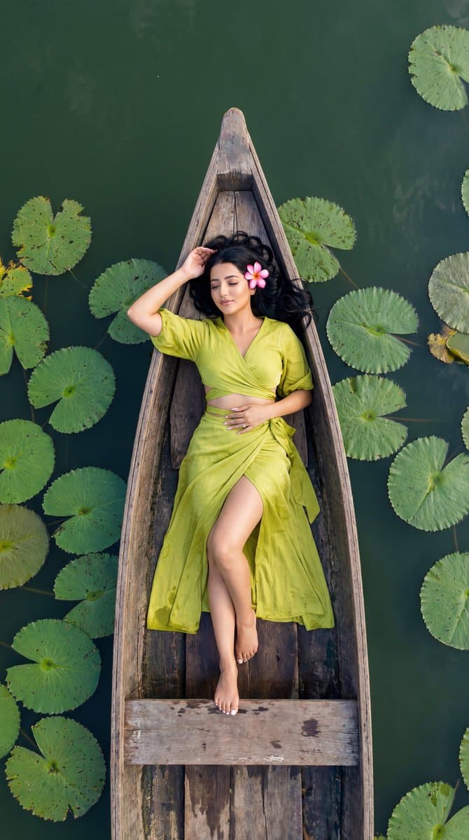 Photoreal Top-Down Fashion Editorial on a Boat with Lily Pads — example 2