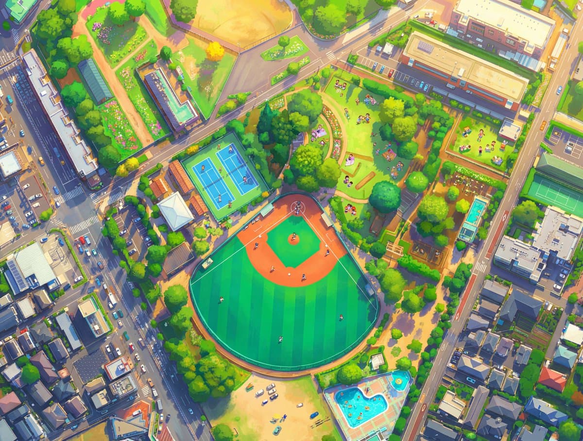 Cartoon drone-style Google Maps aerial illustration prompt — example 2