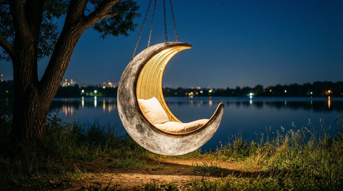 Cinematic lakeside hanging chair concept prompt with space object theme — example 1