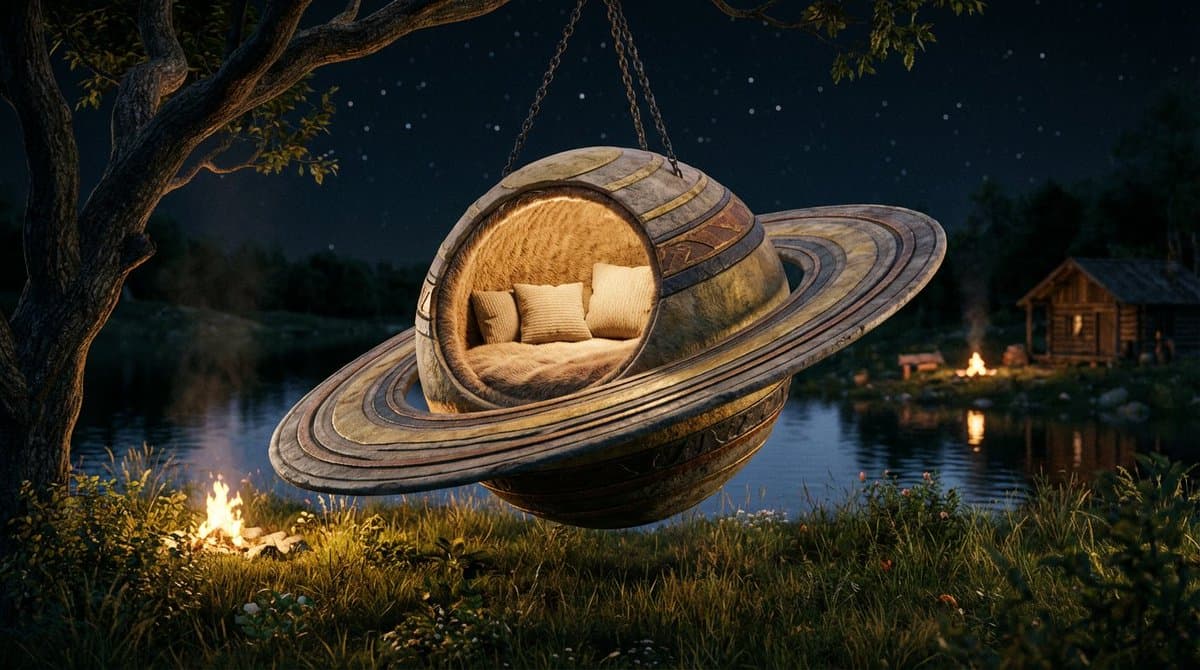 Cinematic lakeside hanging chair concept prompt with space object theme — example 2