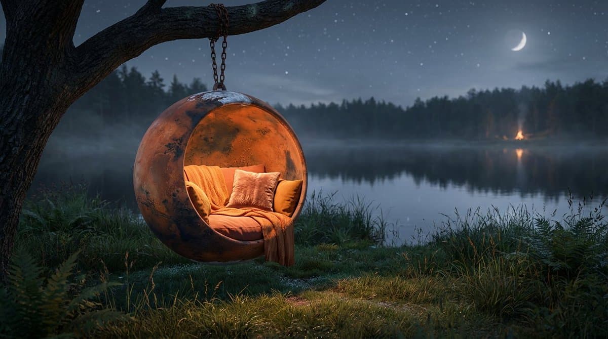 Cinematic lakeside hanging chair concept prompt with space object theme — example 4