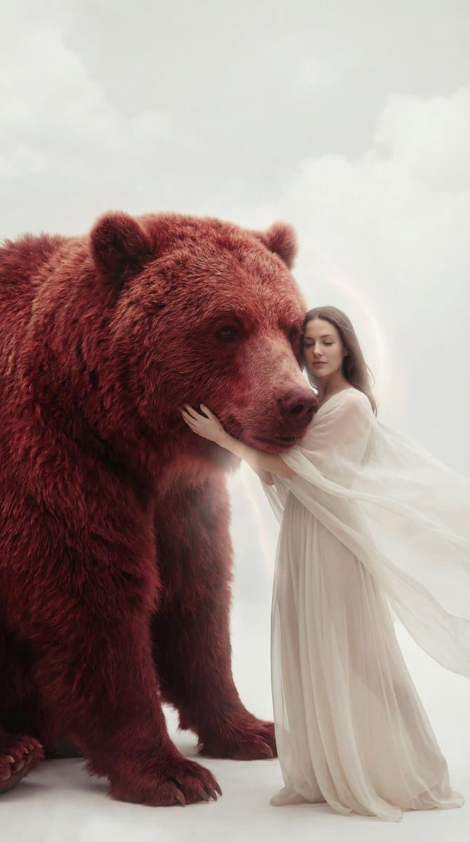 Surreal Scene of Human Embracing Massive Red Bear Prompt — example 4