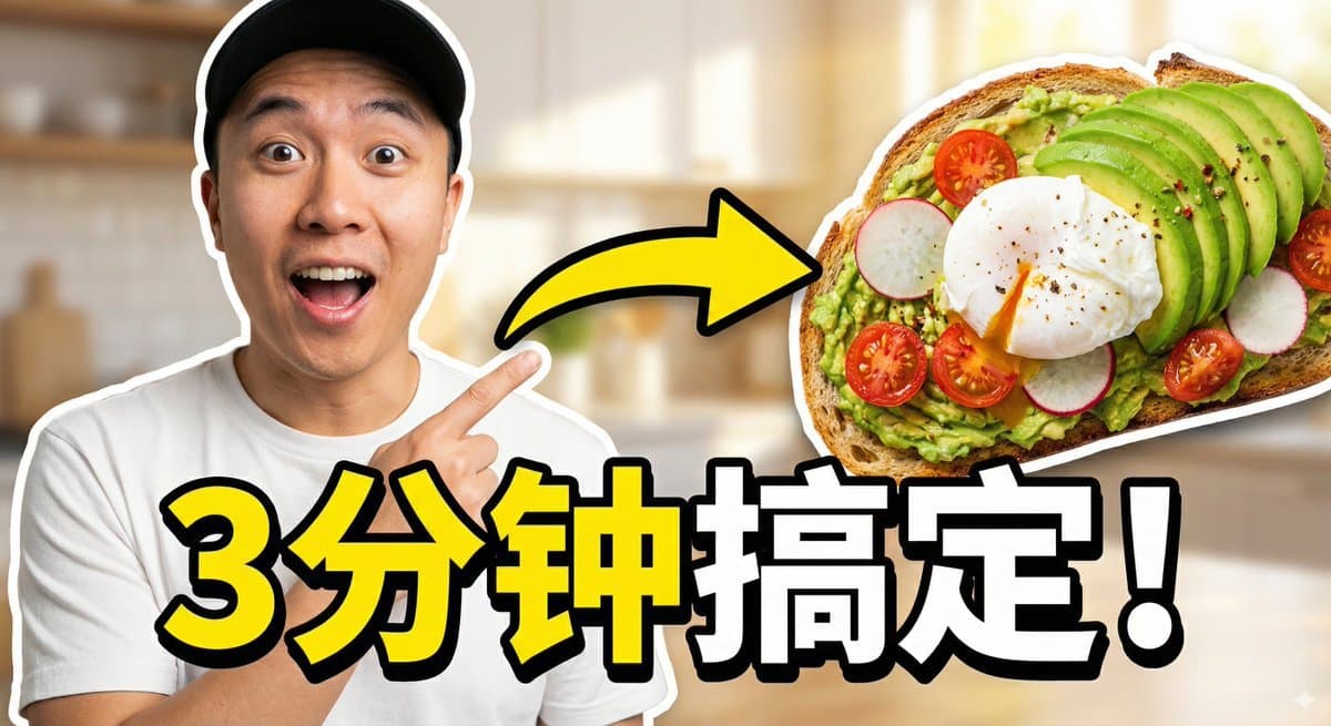 Viral Thumbnail: Excited pointing, avocado toast, “Done in 3 Minutes!” — example 1