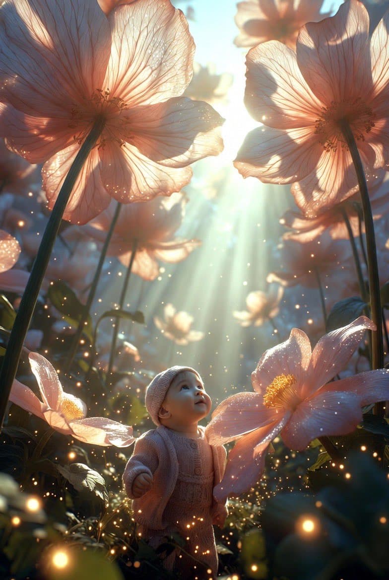 Ultra-Realistic Surreal Conceptual Portrait of a Baby in a Gigantic Flower Field — example 3