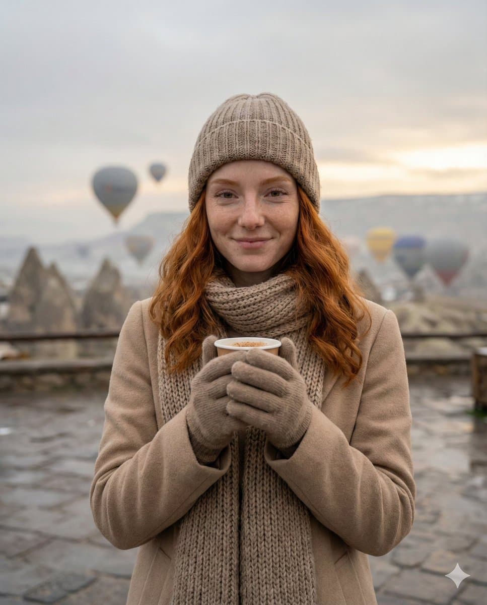 Cozy Winter Travel Photo in Cappadocia with Hot Air Balloons — example 1