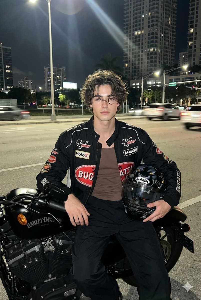 Nighttime Motorcycle Photo with Face Replacement Prompt — example 1