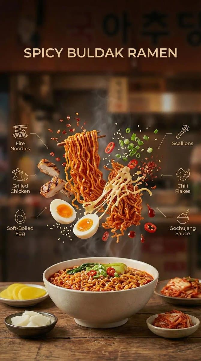 Cinematic Commercial Shot of Deconstructed Buldak Ramen — example 1