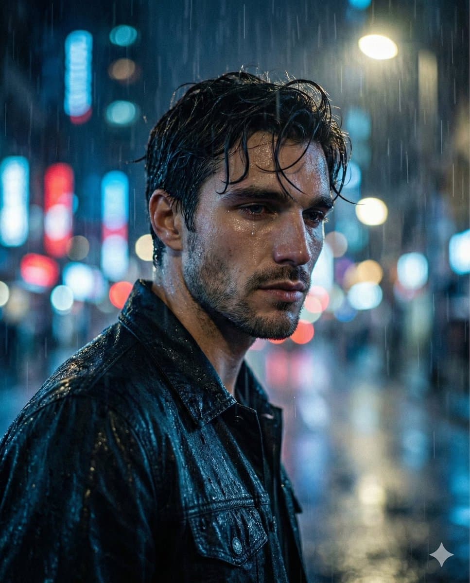Melancholic Sad Boy in the Rain (Reference Face) — example 1