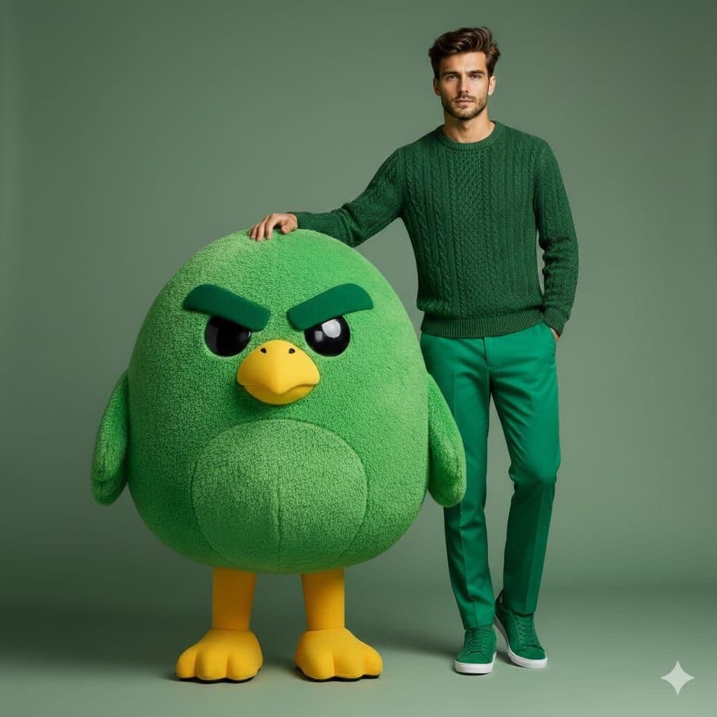 High-end fashion portrait with plush cartoon mascot — example 1