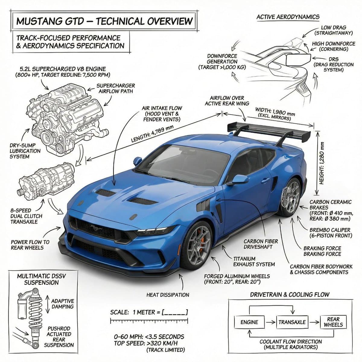 Infographic image of Mustang GTD with technical annotations — example 1