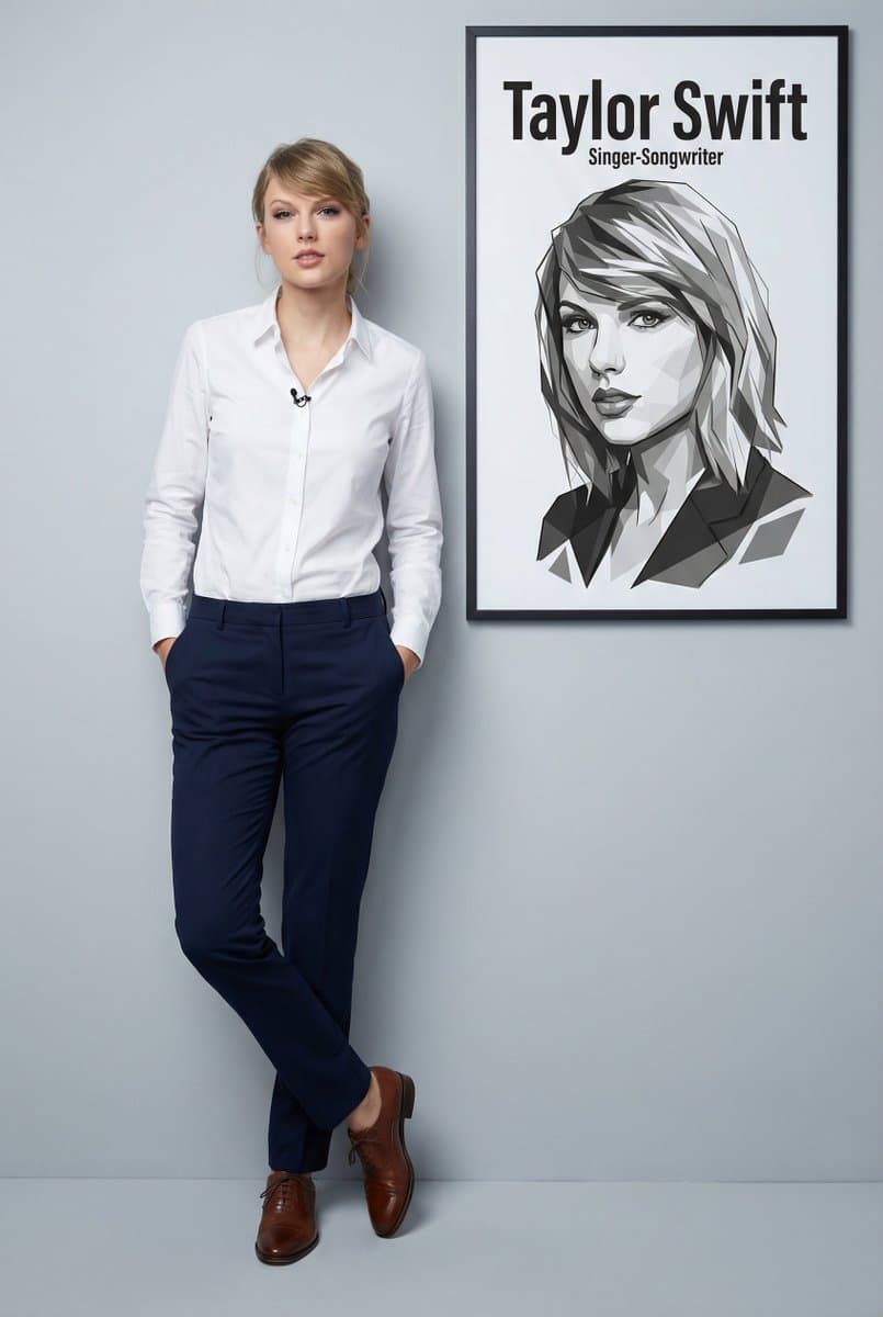 Ultra-realistic full body portrait of Taylor Swift with graphic overlay — example 1
